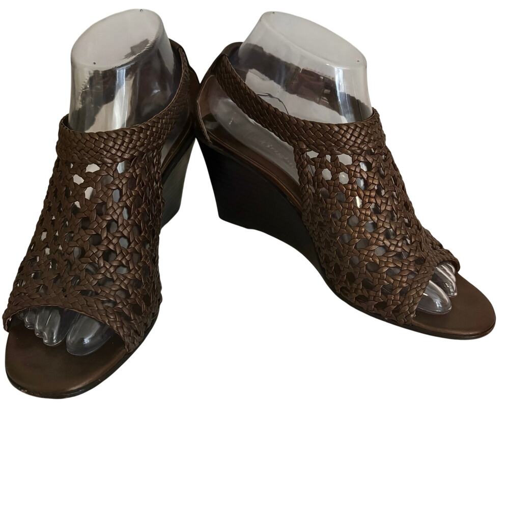 Brighton Realm Bronze Leather Woven Basketweave Wedge Sandals Feminine Boho